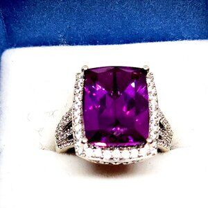 Lab grown Color Change Sapphire & Natural White Zircon ring in Plat/ 925SS sz 8